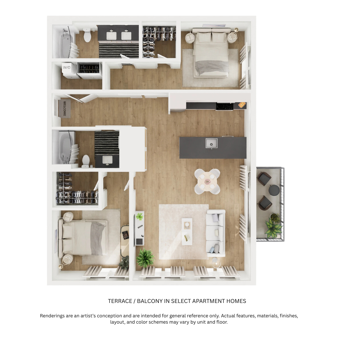 Floor plan for 2 beds, 2 baths, 1152 sqft